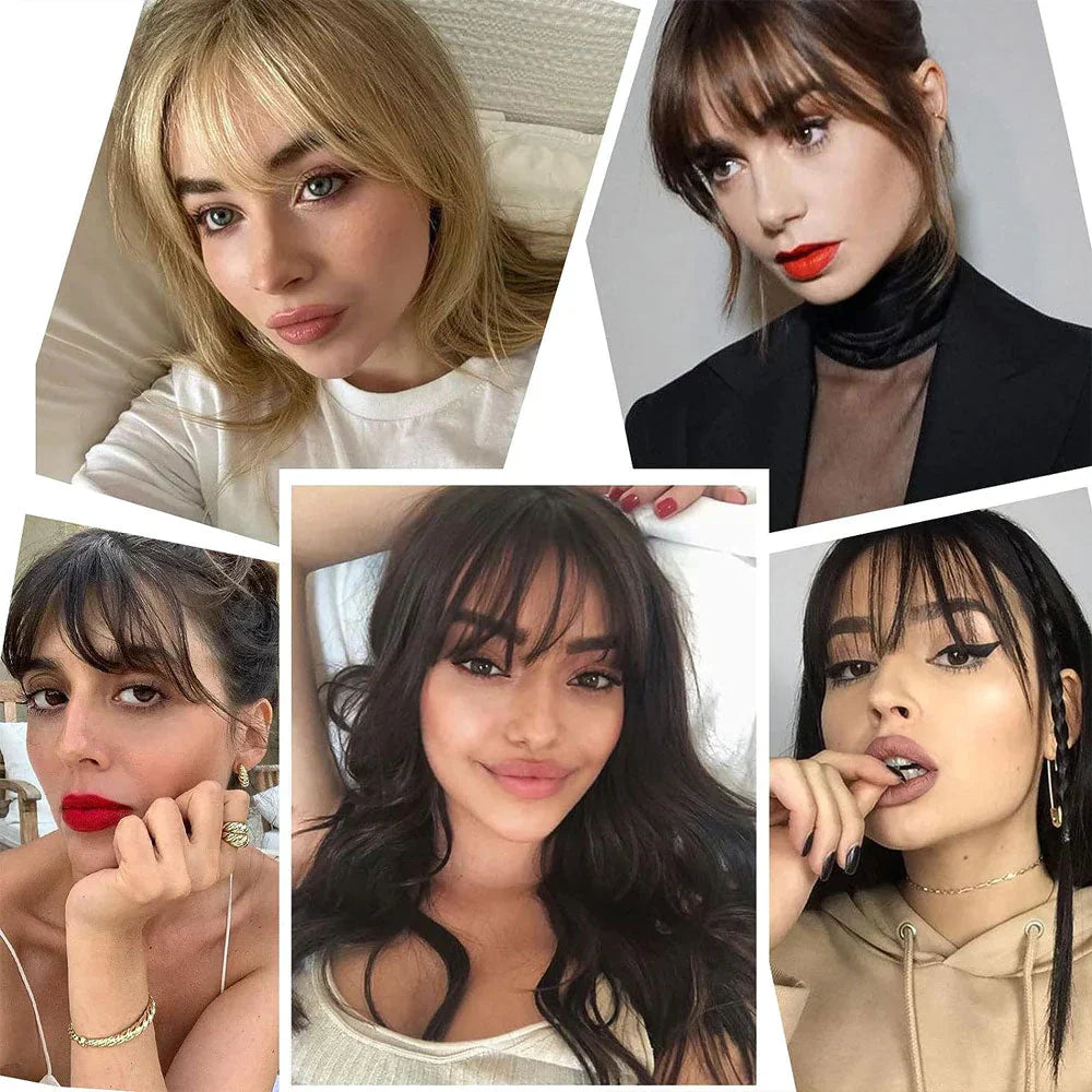 Collage van vijf vrouwen met pony in blond, bruin en zwart haar, in verschillende stijlen 2
