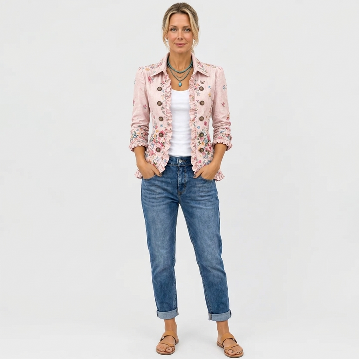 Volledige outfit: roze bloemenjasje met wit topje, opgerolde jeans en bruine sandalen, frontaal van top tot teen. 4