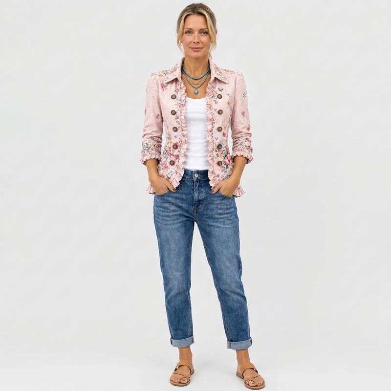 Volledige outfit: roze bloemenjasje met wit topje, opgerolde jeans en bruine sandalen, frontaal van top tot teen. 4