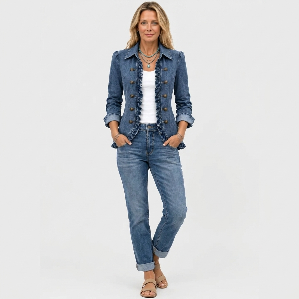 Volledige outfit: het spijkerjasje met ruches gedragen met witte top, jeans met omgeslagen pijpen en sandalen 3