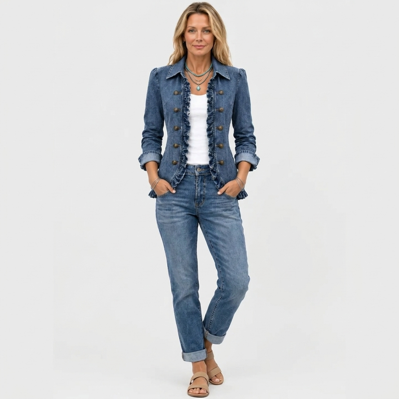 Volledige outfit: het spijkerjasje met ruches gedragen met witte top, jeans met omgeslagen pijpen en sandalen 3
