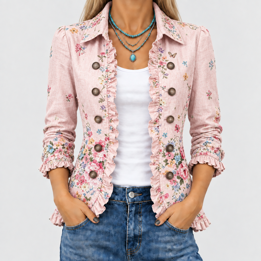 Close-up van het roze jasje met bloemenprint, ruches langs de open voorkant en knopen, gedragen over wit topje en jeans. 1