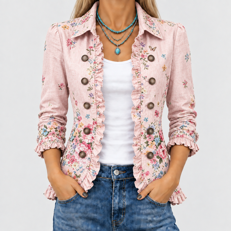 Close-up van het roze jasje met bloemenprint, ruches langs de open voorkant en knopen, gedragen over wit topje en jeans. 1