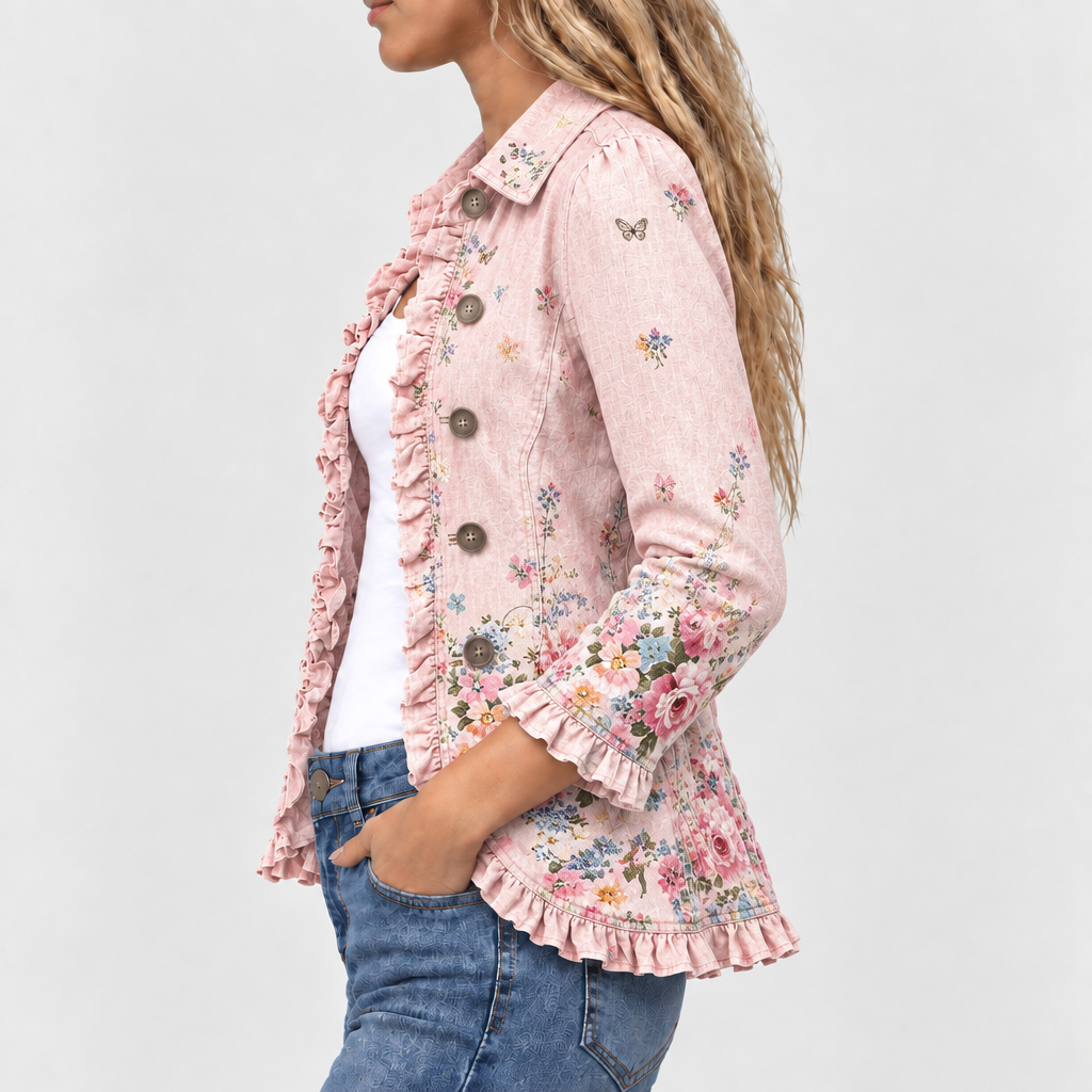 Zijaanzicht van het roze jasje met bloemenprint, knopenrij, ruches aan voorkant, mouwboorden en onderrand, hand in de jeanszak. 3