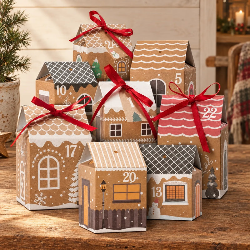 Huisvormige kraftpapieren doosjes met rode strikken, opgesteld als dorpje op een houten tafel met kerstversiering op de achtergrond. 1