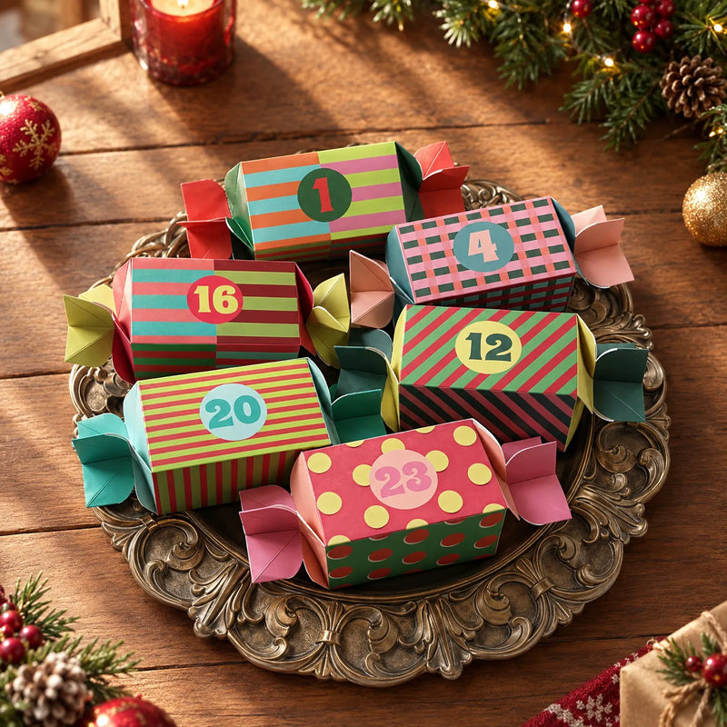 Zes gestreepte, geruite en gestippelde snoepvormige kartonnen doosjes met nummerstickers op een sierlijke schaal tussen kerstdecoratie op een houten tafel. 1