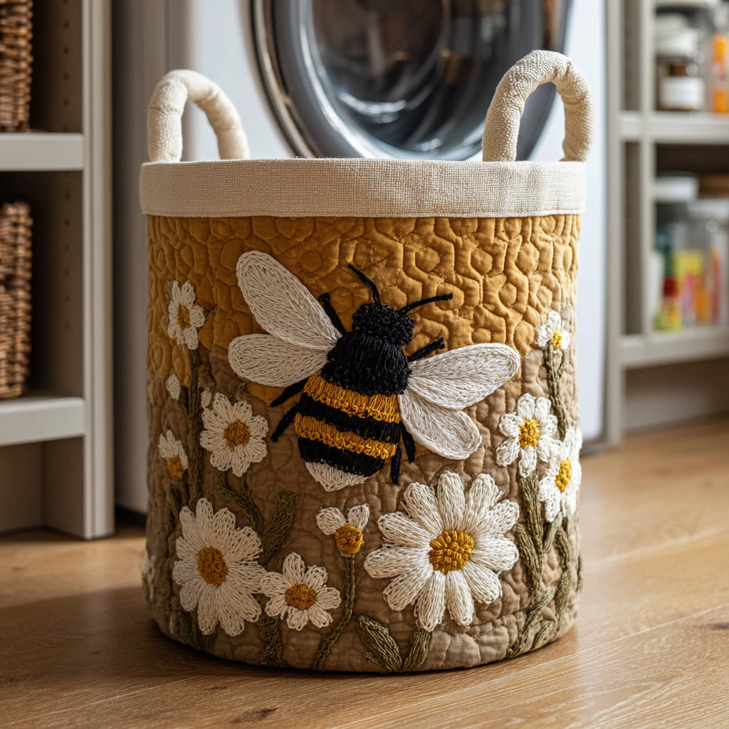 Gewatteerde mand met geborduurde hommel en madeliefjes en stoffen handgrepen, vooraanzicht op een houten vloer voor een wasmachine. 1
