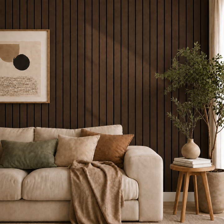 Donkerbruin lattenpaneel in de woonkamer achter een beige bank, schilderij en plant 30