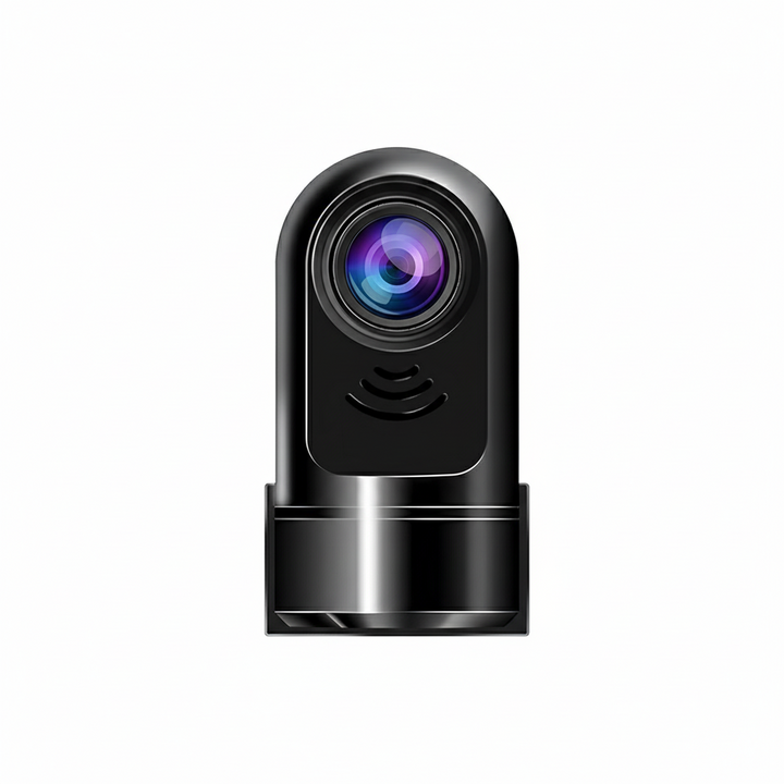 Zwarte compacte dashcam met paarsblauwe lens, vrijstaand op een witte achtergrond 1