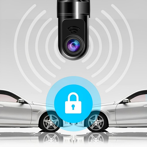 Dashcam boven twee auto's met slotpictogram en signaalgolven voor parkeerbewaking 7