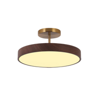 Vrijstaande productfoto van de brandende lamp met donkere houtlook rand en goudkleurige ophanging, tegen een witte achtergrond. 2