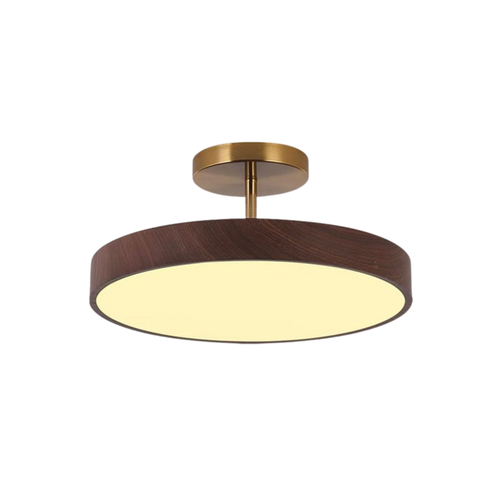 Vrijstaande productfoto van de brandende lamp met donkere houtlook rand en goudkleurige ophanging, tegen een witte achtergrond. 2