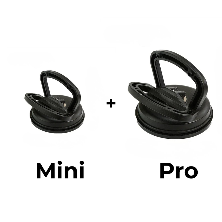 Twee zwarte zuignappen naast elkaar, een kleinere Mini en een grotere Pro, met een plusteken ertussen. 11