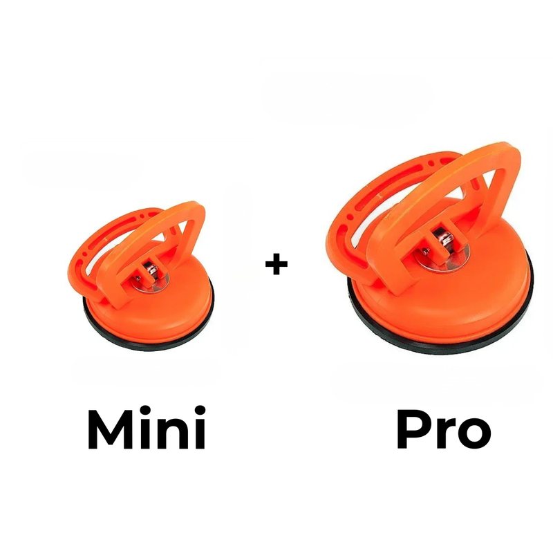 Twee oranje zuignappen naast elkaar, een kleinere Mini en een grotere Pro, met een plusteken ertussen. 8