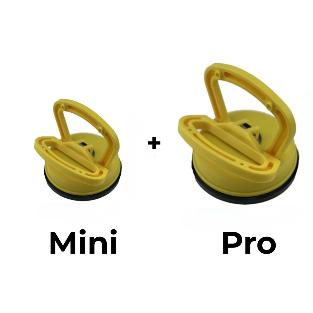 Twee gele zuignappen naast elkaar, een kleinere Mini en een grotere Pro, met een plusteken ertussen. 5
