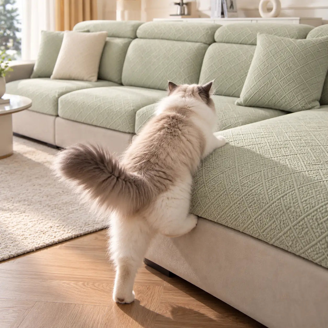 Ragdoll-kat steunt met zijn poten op een lichtgroene hoes van een hoekbank 14