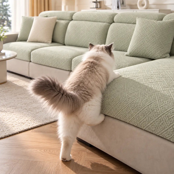 Ragdoll-kat steunt met zijn poten op een lichtgroene hoes van een hoekbank 14
