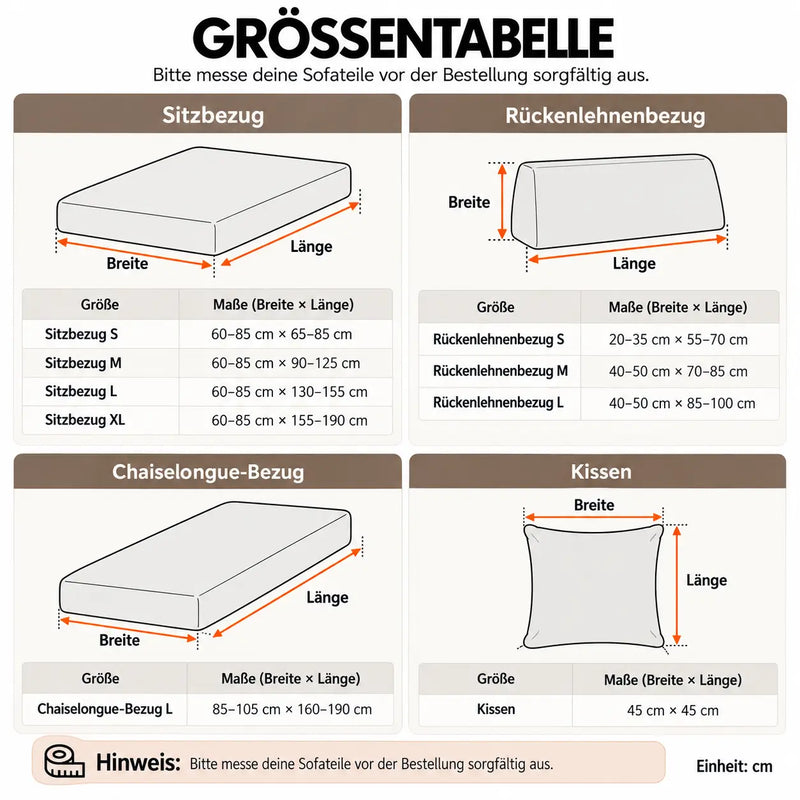 Maattabel met afmetingen voor zitkussen-, rugleuning-, chaise-longue- en kussenhoezen, met meetpijlen 17