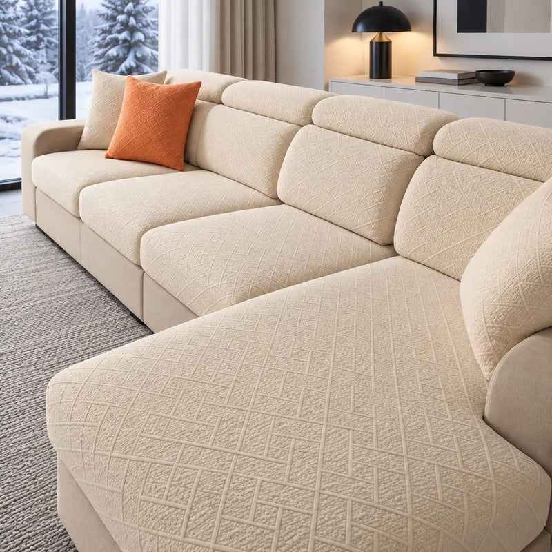Crème hoezen op een hoekbank met chaise longue en een oranje kussen in een winterse kamer 18
