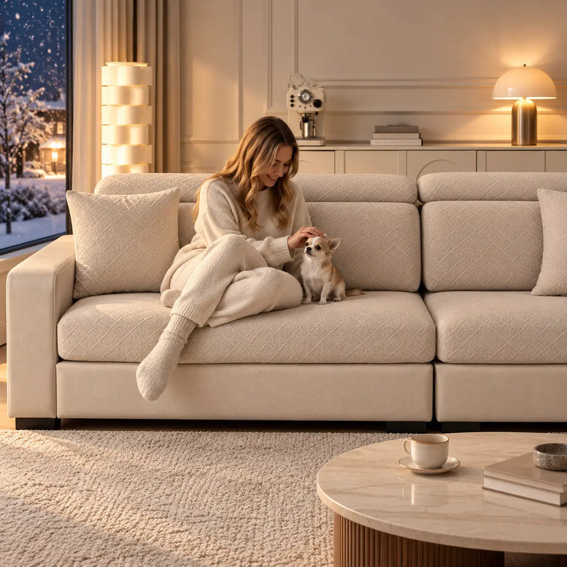 Vrouw in witte kleding aait een chihuahua op een crème bank met gestructureerde hoezen 9