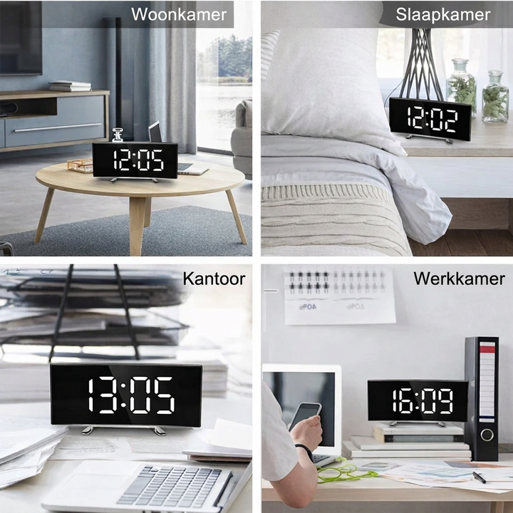 Digitale wekker | Gebogen LED-spiegeldisplay | Automatische dimfunctie