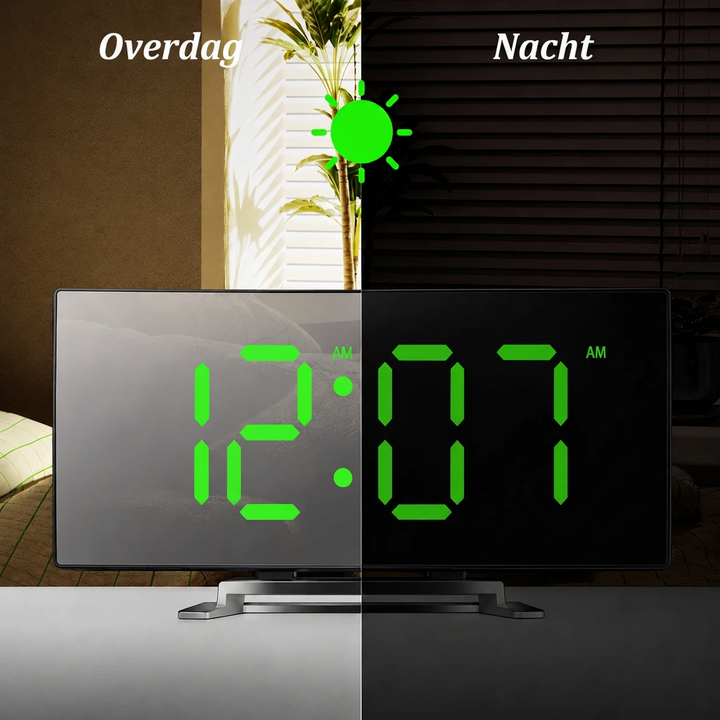 Digitale wekker | Gebogen LED-spiegeldisplay | Automatische dimfunctie