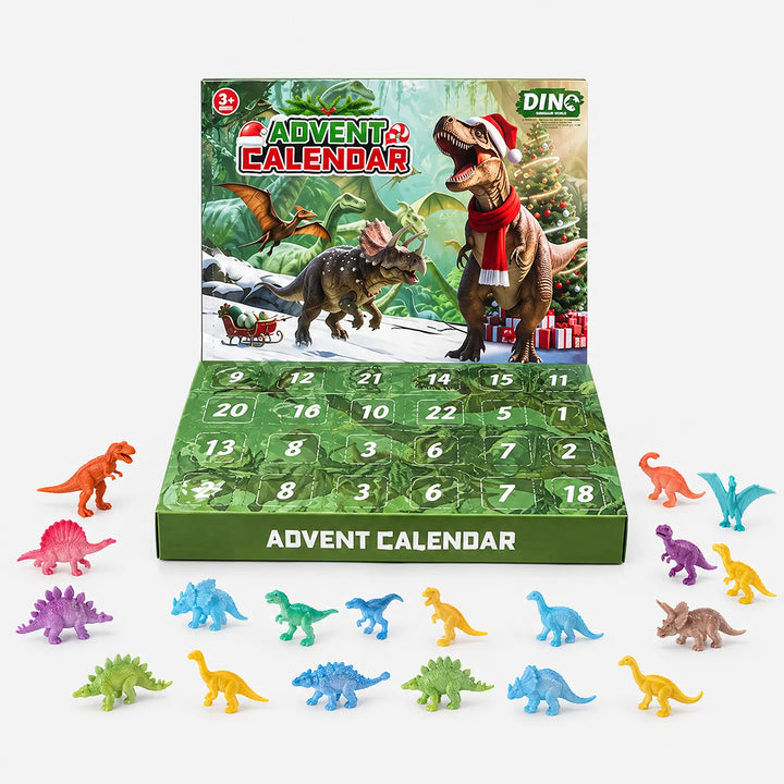 Adventskalender met dinosaurusprint in groen, met 24 genummerde luikjes en daarvoor alle kleurige mini-dinosaurusfiguurtjes netjes uitgestald. 2