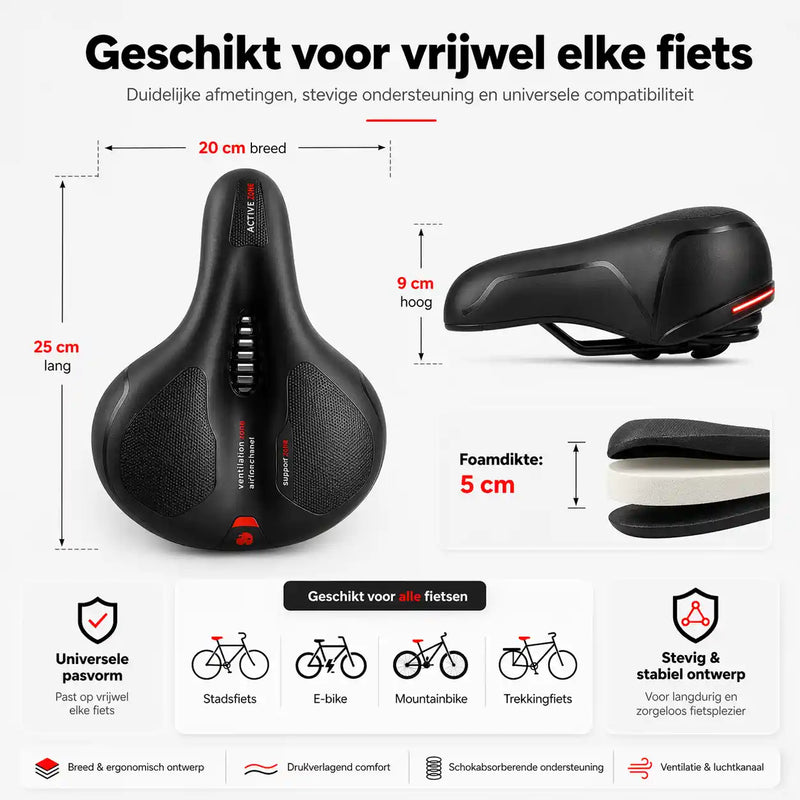 Zadel met afmetingen, 20 cm breed, 25 cm lang en 9 cm hoog, plus pictogrammen van geschikte fietstypes. 17
