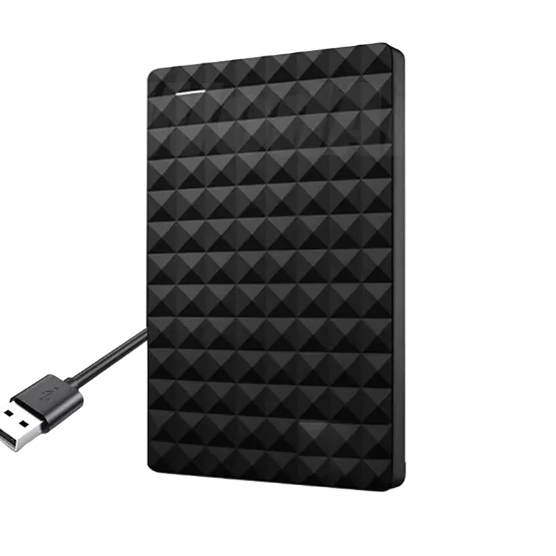 Zwarte harde schijf met ruitpatroon schuin van voren, met aangesloten USB-kabel aan de zijkant 1