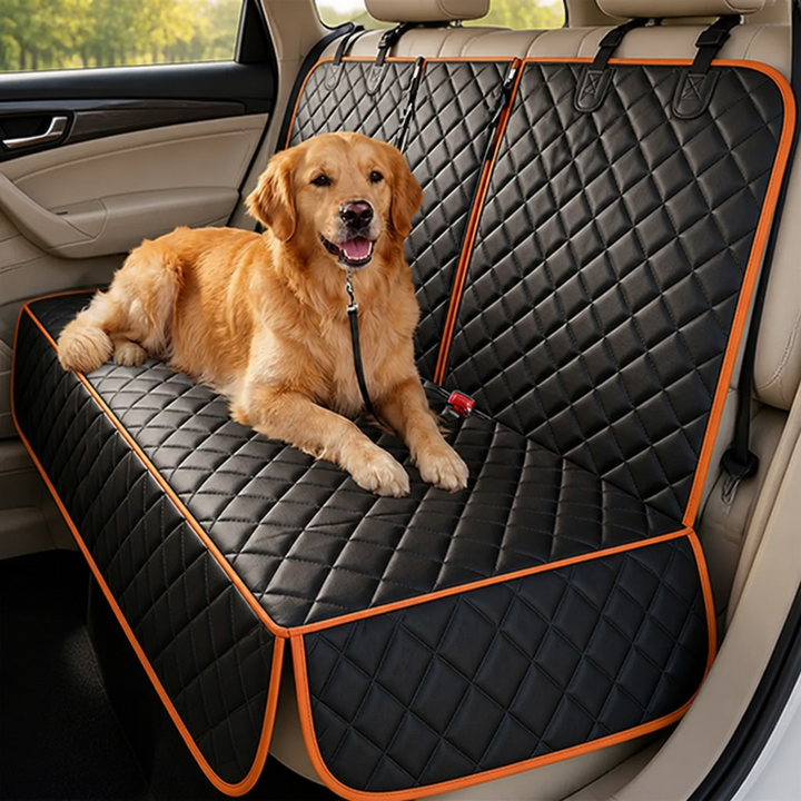 Golden retriever ligt aan een riem op de zwarte, ruitvormig gewatteerde achterbankhoes met oranje bies in een auto. 1