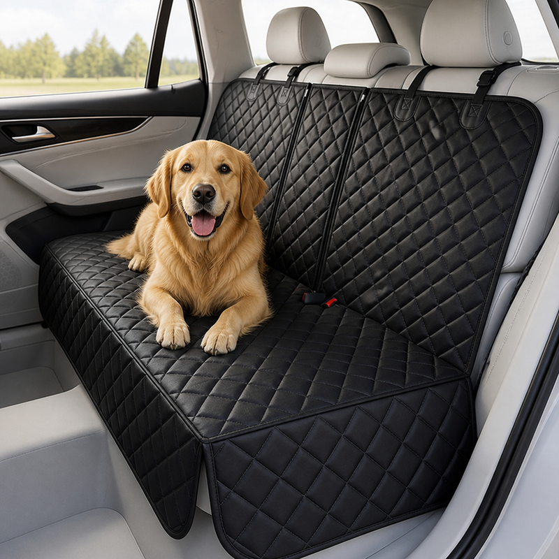 Golden retriever ligt op de zwarte gewatteerde achterbankhoes zonder oranje bies in een auto met lichtgrijs interieur. 7