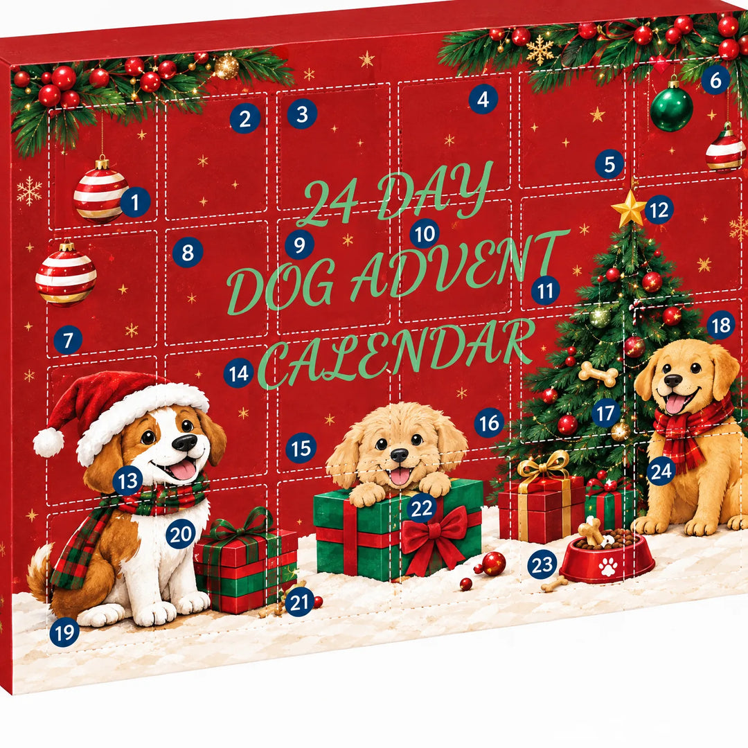 Close-up van de voorkant van de rode kalenderdoos met 24 genummerde vakjes en getekende puppy's, kerstboom en cadeaus. 3