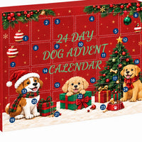 Close-up van de voorkant van de rode kalenderdoos met 24 genummerde vakjes en getekende puppy's, kerstboom en cadeaus. 3