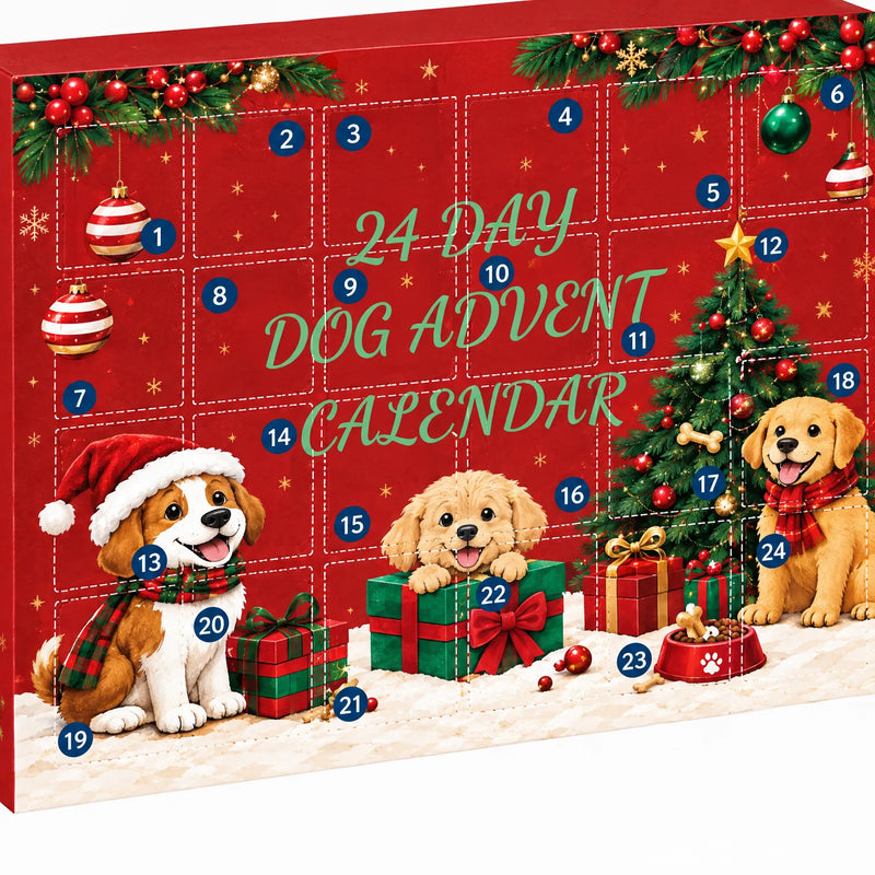 Close-up van de voorkant van de rode kalenderdoos met 24 genummerde vakjes en getekende puppy's, kerstboom en cadeaus. 3