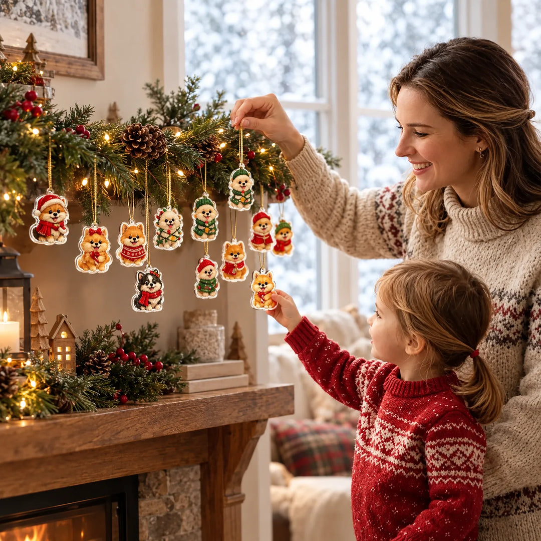 Moeder en kind hangen kleine hondenhangers aan gouden draadjes aan een kerstversierde schoorsteenmantel met lichtjes, dennentakken en dennenappels. 1