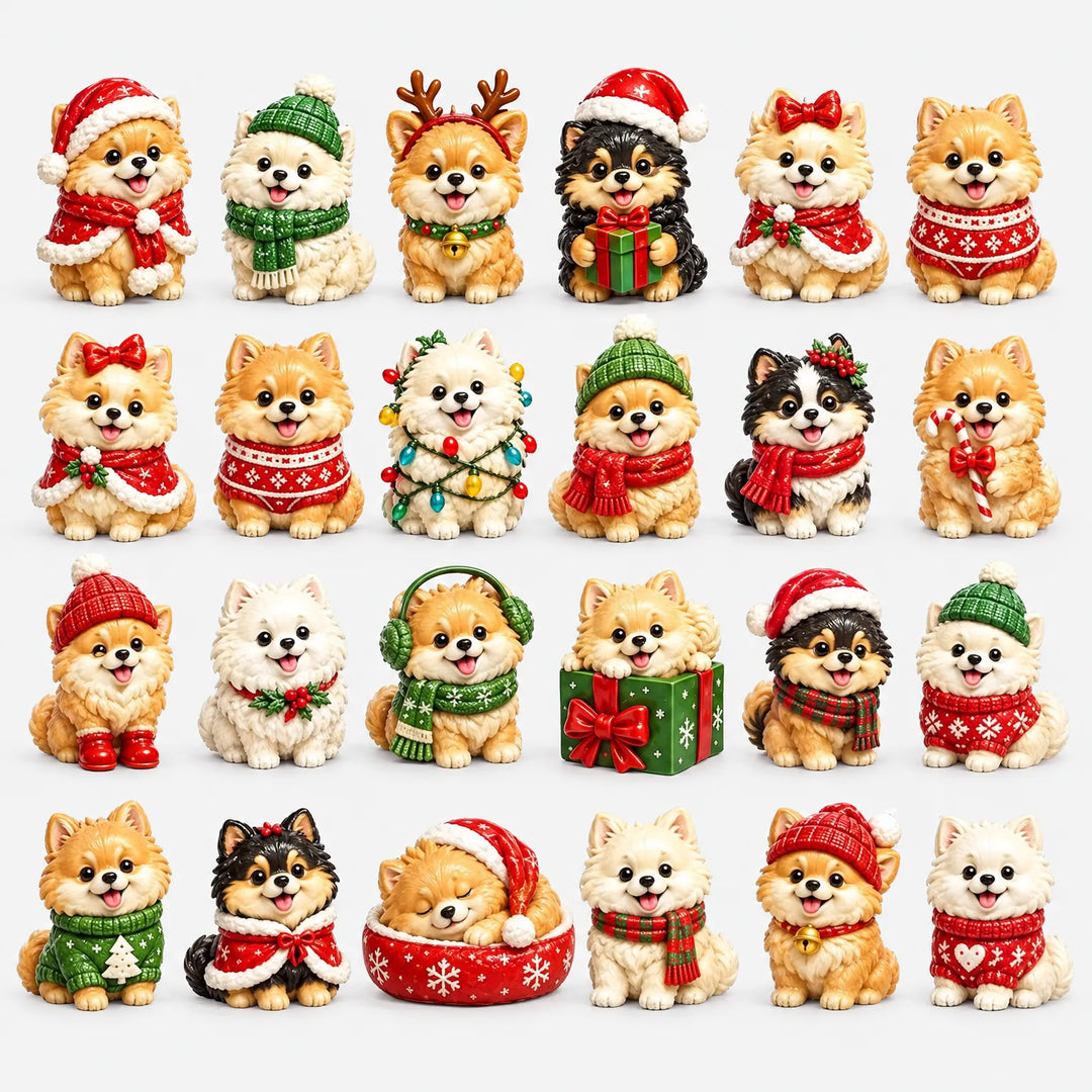 Overzicht van vierentwintig verschillende Pomeranian-figuurtjes in kerstkleding, zoals mutsen, sjaals, truien, cadeautjes en kerstlampjes, netjes in rijen geran 2