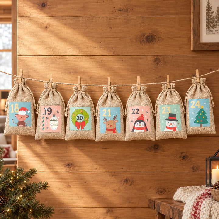 Zeven jutezakjes met kerstplaatjes en cijfers hangen met houten knijpers aan een touw tegen een houten wand, kerstig gezelschap eromheen. 1
