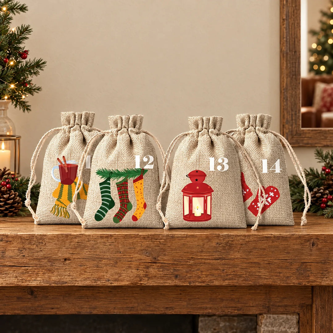 Vier linnen zakjes met trekkoord en kerstprint, genummerd 12 tot en met 14, staand op een houten plank tussen kerstdecoratie. 1