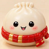 Close-up van een crèmekleurig dumplingfiguurtje met lachend gezicht, blosjes en een glanzende rode sjaal met gouden strepen. 3