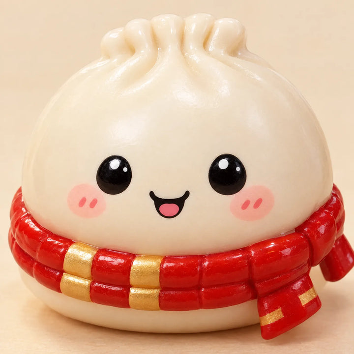 Close-up van een crèmekleurig dumplingfiguurtje met lachend gezicht, blosjes en een glanzende rode sjaal met gouden strepen. 3