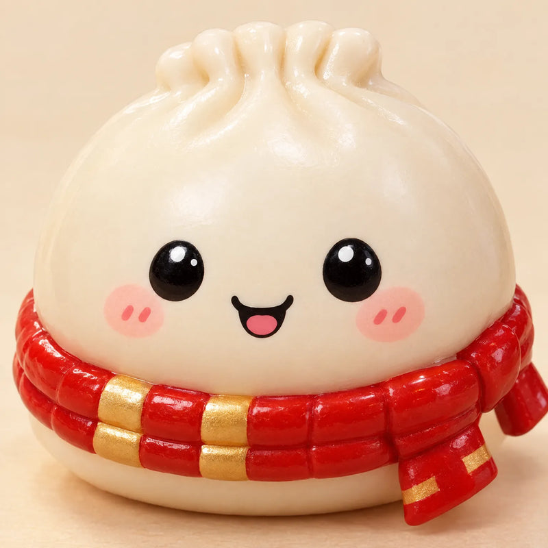 Close-up van een crèmekleurig dumplingfiguurtje met lachend gezicht, blosjes en een glanzende rode sjaal met gouden strepen. 3