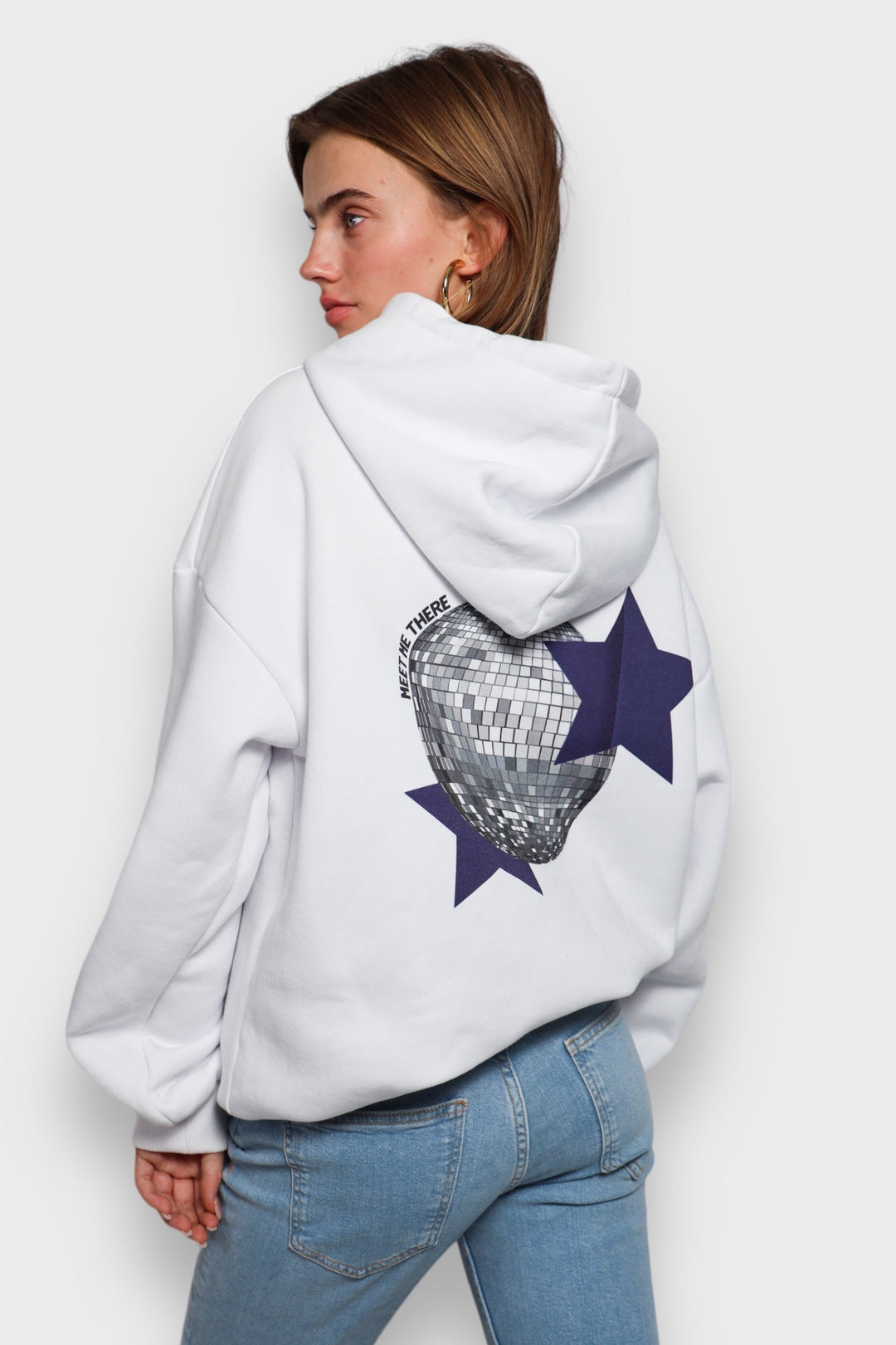 Weißer Damen-Hoodie mit Discokugel-Print - BellaShine