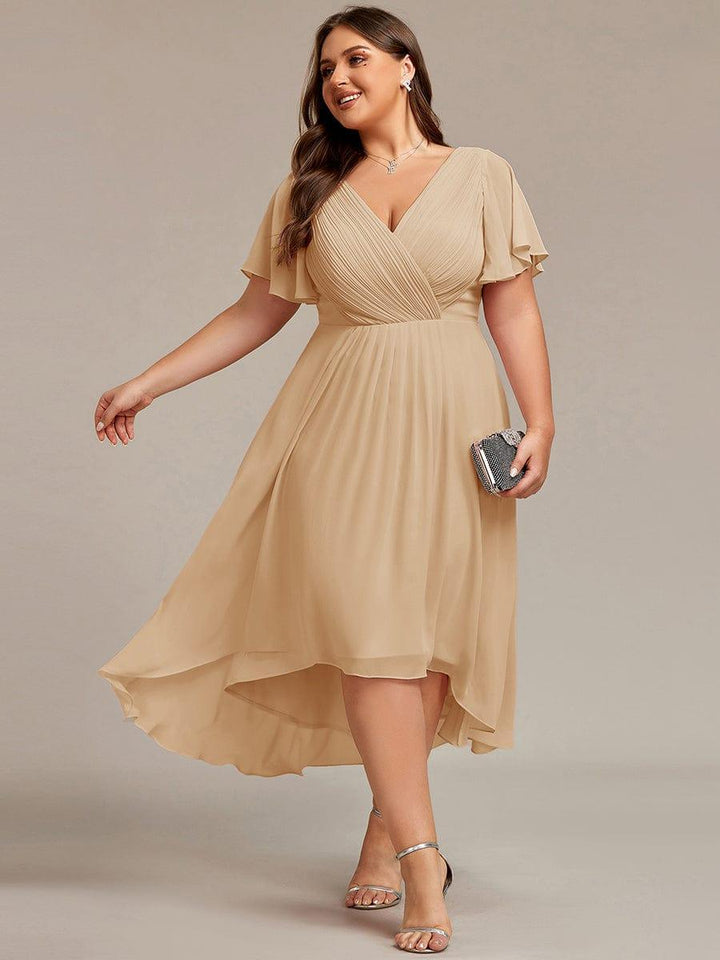 Chiffon feestjurk voor bruiloftsgast met V-hals en korte mouwen 153