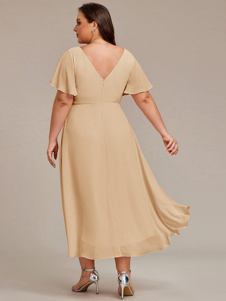 Chiffon feestjurk voor bruiloftsgast met V-hals en korte mouwen 154