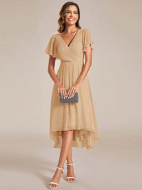 Chiffon feestjurk voor bruiloftsgast met V-hals en korte mouwen 150