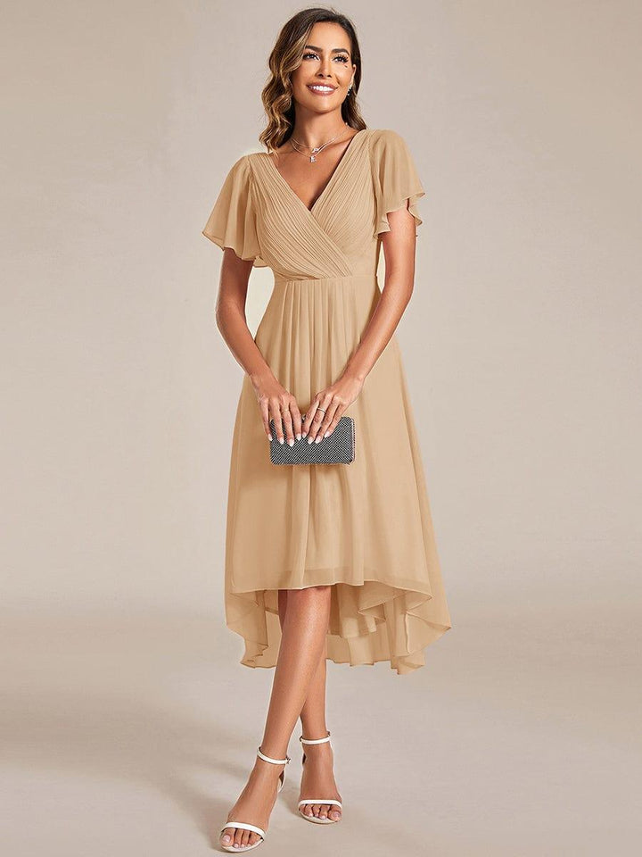 Chiffon feestjurk voor bruiloftsgast met V-hals en korte mouwen 150