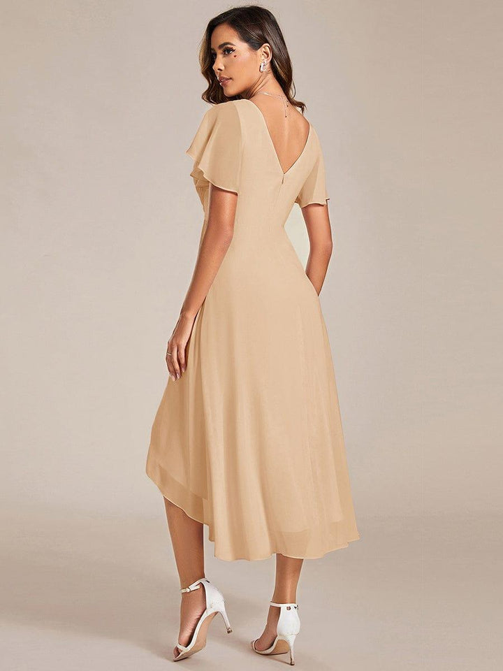 Chiffon feestjurk voor bruiloftsgast met V-hals en korte mouwen 151