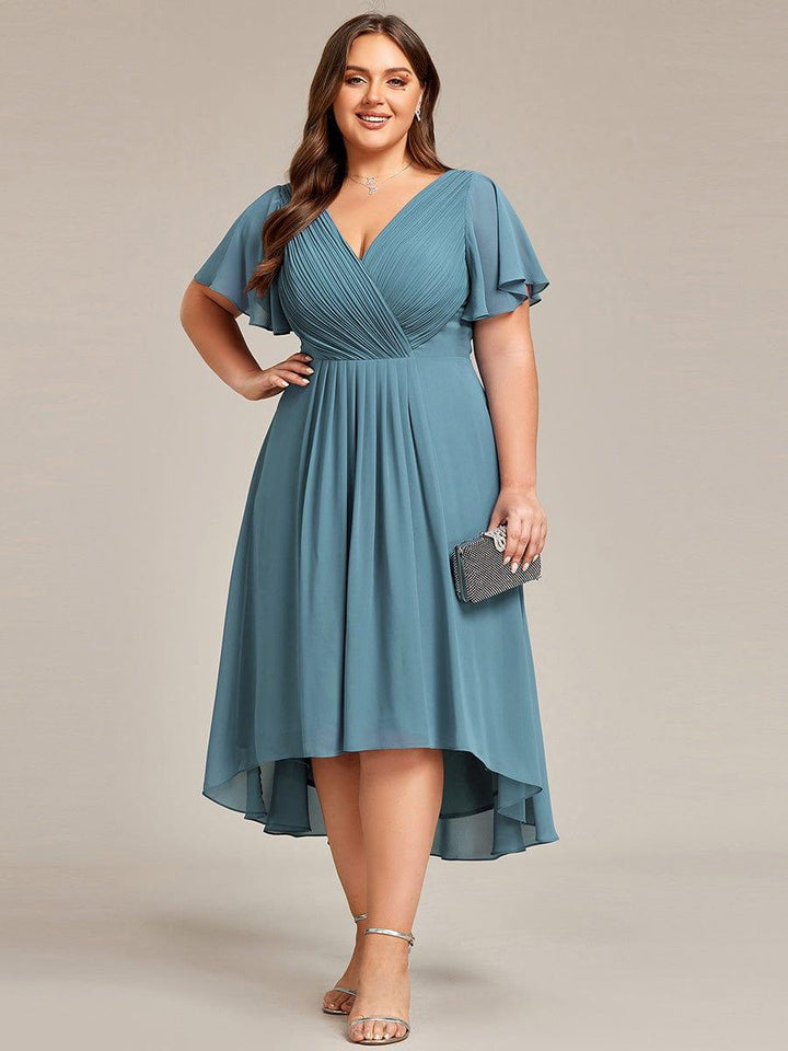 Chiffon feestjurk voor bruiloftsgast met V-hals en korte mouwen 113