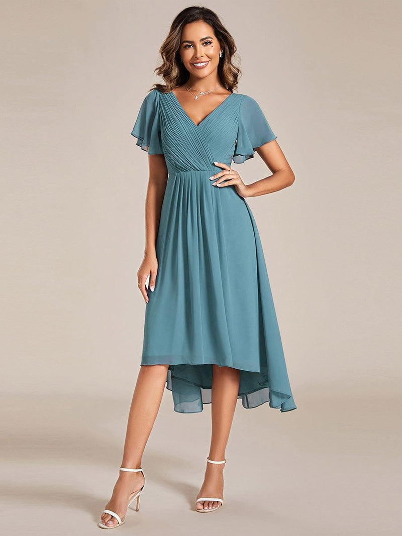 Chiffon feestjurk voor bruiloftsgast met V-hals en korte mouwen 108