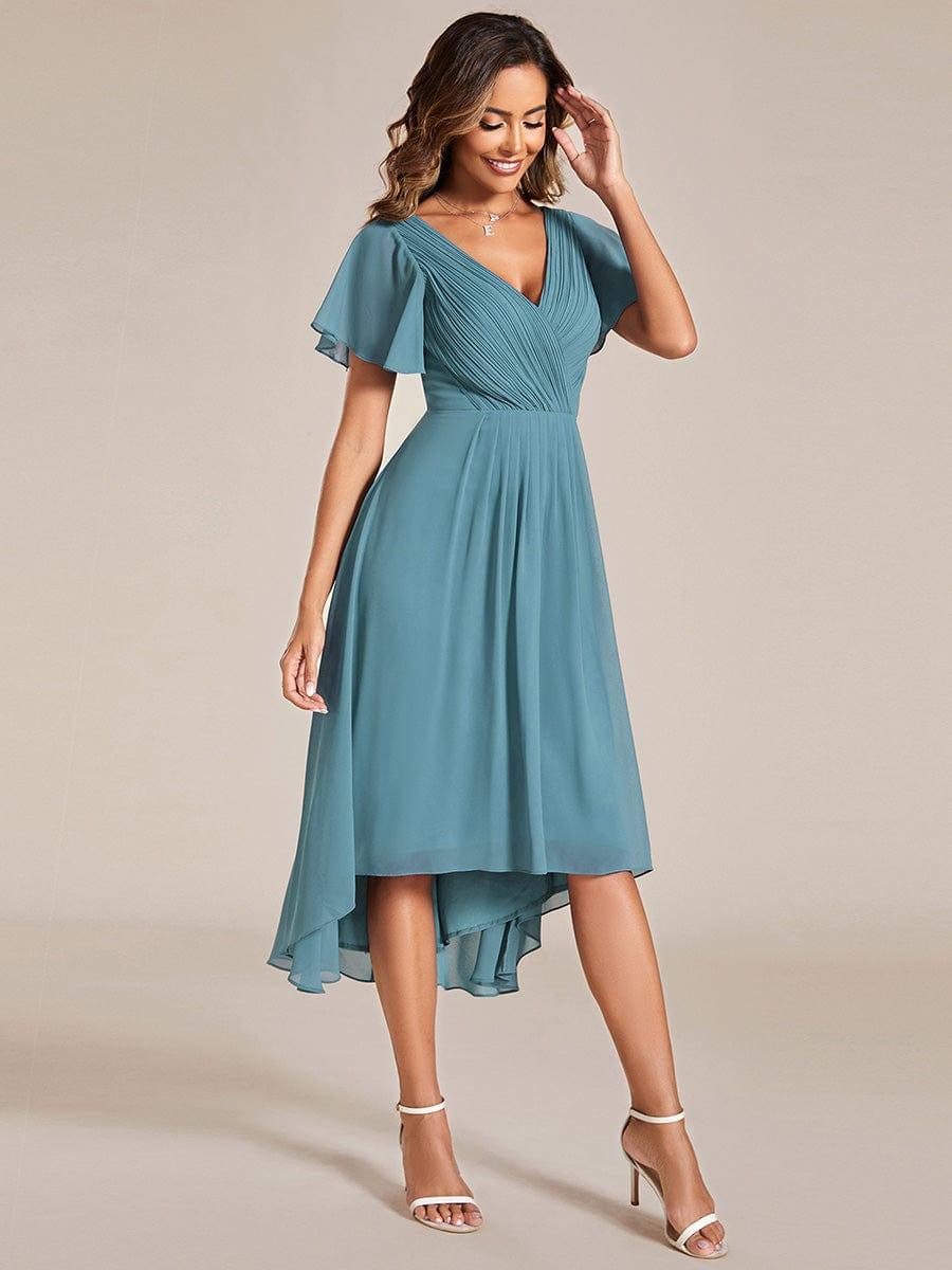 Chiffon feestjurk voor bruiloftsgast met V-hals en korte mouwen 112
